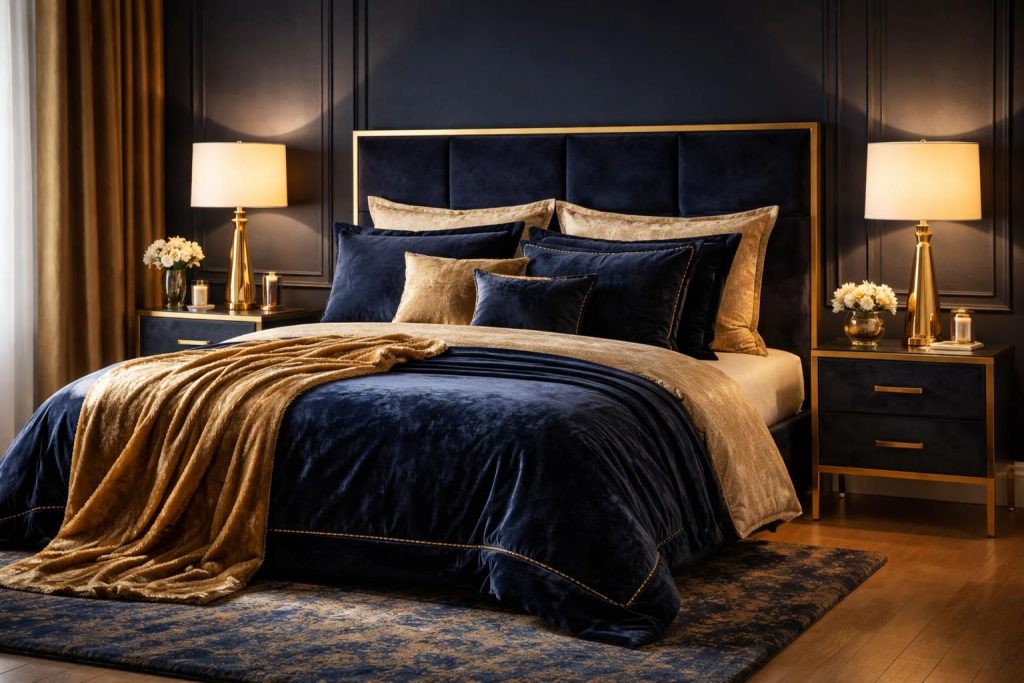 découvrez comment associer le bleu nuit et le doré pour créer une ambiance élégante et cosy dans votre chambre, alliant sophistication et chaleur.