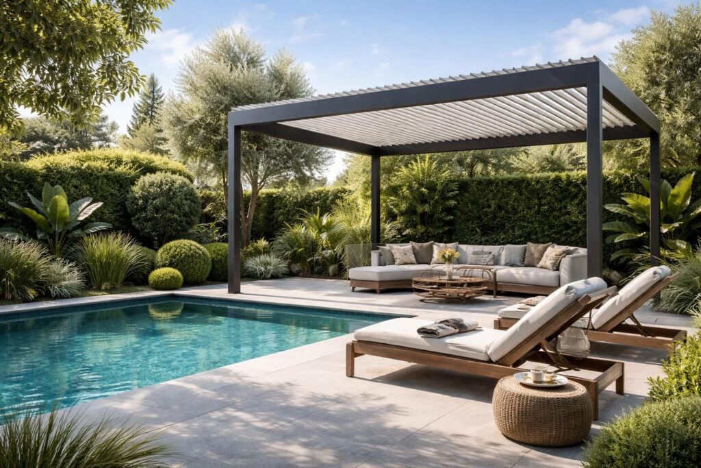 apportez style et confort à votre espace piscine grâce à une pergola bioclimatique moderne, idéale pour profiter pleinement de vos extérieurs en toute saison.