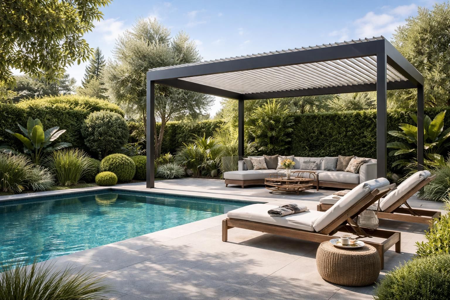 apportez style et confort à votre espace piscine grâce à une pergola bioclimatique moderne, idéale pour profiter pleinement de vos extérieurs en toute saison.