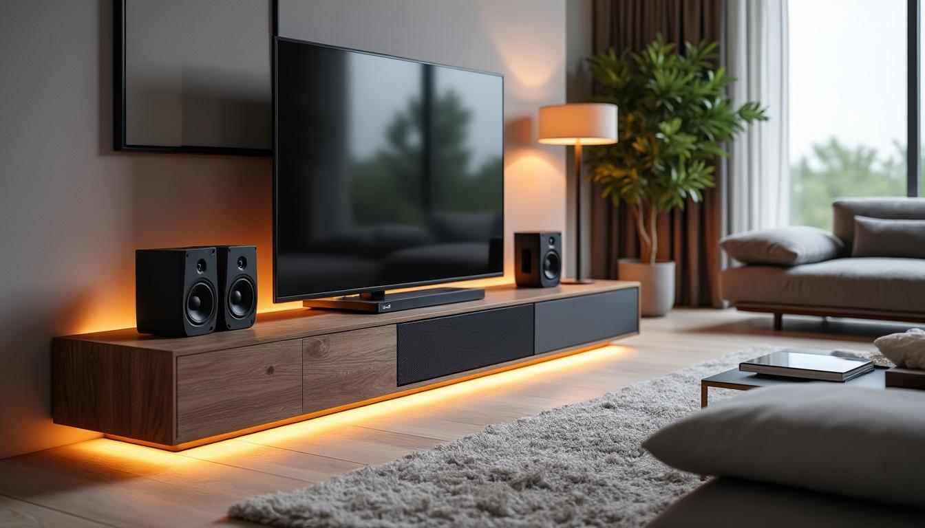 découvrez le meuble tv avec enceinte intégrée chez leclerc, alliant esthétique moderne et fonctionnalité optimale. transformez votre espace de vie avec ce mobilier innovant qui combine design élégant et son de haute qualité.