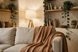 Coin salon chaleureux avec lampe sur pied en bois et éclairage indirect ambiant sur mur en plâtre texturé