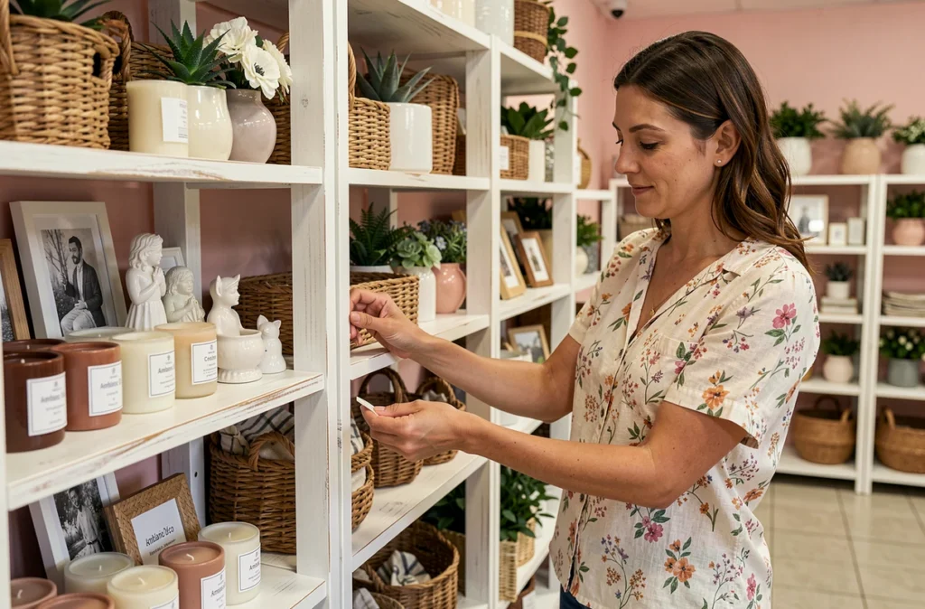 Boutique Ambiance Déco avec présentation d'accessoires décoratifs sur étagères en bois blanchi