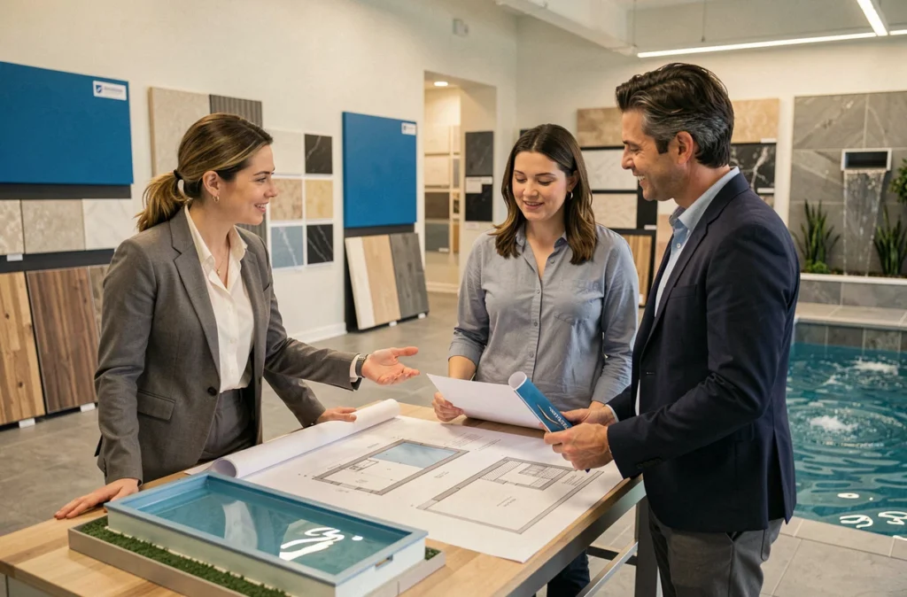 Conseillère d'Aquilus Piscines Lens présentant des plans de piscine à un couple dans le showroom