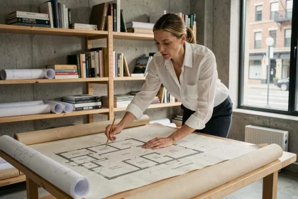 Architecte féminine examinant un plan de maison 4 chambres avec suite parentale sur une table à dessin en studio