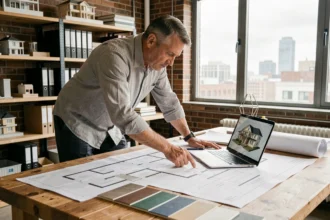 Architecte examinant des plans de construction de maison avec des échantillons de matériaux sur une table de travail en bois