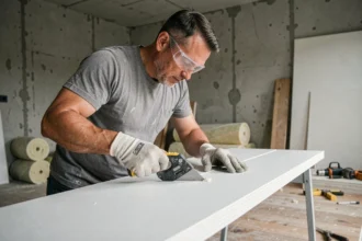 Artisan mesurant et découpant un panneau de placo isolant épais lors d'une rénovation intérieure