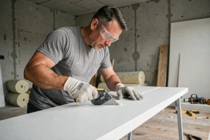 Artisan mesurant et découpant un panneau de placo isolant épais lors d'une rénovation intérieure