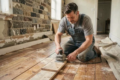 Artisan ponçant un vieux plancher en bois de chêne avec une ponceuse à bande dans un appartement ancien en cours de rénovation