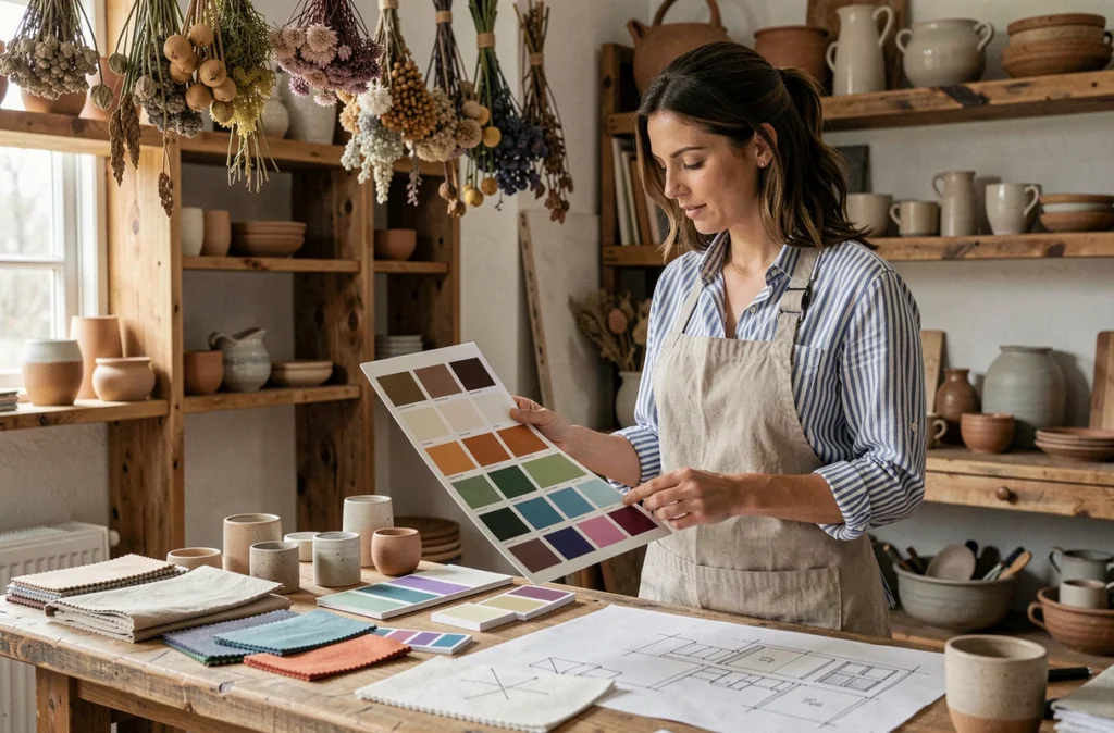 Atelier Delphine Le Fur avec espace de travail artisanal et échantillons de matières et couleurs