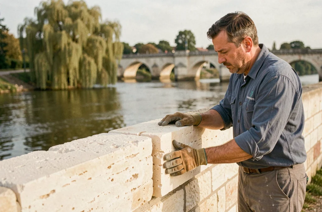 Maçon de Bati Loire ajustant un bloc de tuffeau sur un mur de pierre en bord de Loire dans le Loir-et-Cher