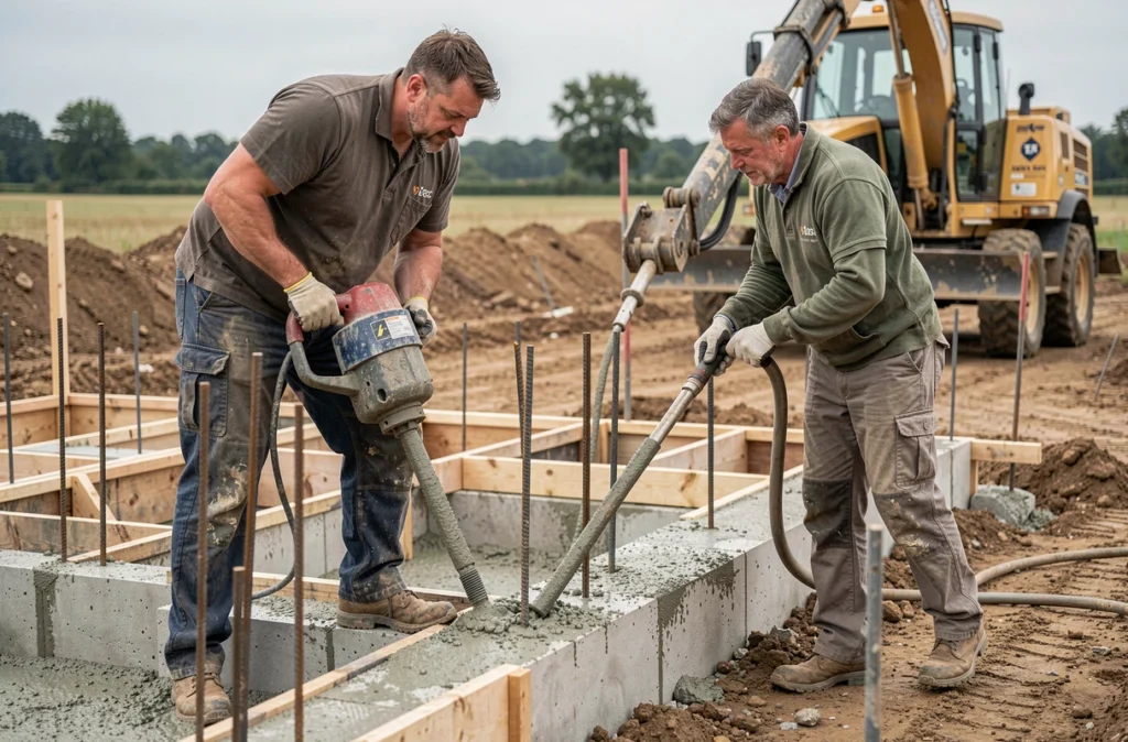 Ouvriers BFM réalisant un gros oeuvre en béton sur un chantier de construction en Indre-et-Loire
