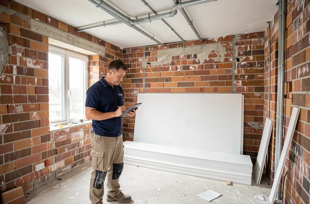 Spécialiste de B.H&N supervisant un chantier de rénovation intérieure avec murs en briques apparentes et nouveaux conduits électriques