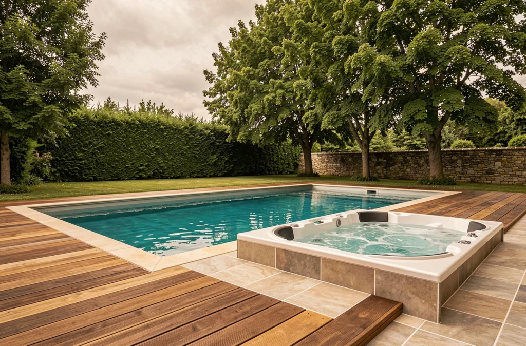 Espace piscine et jacuzzi extérieur aménagé par Bien Etre Et Piscines dans un jardin résidentiel