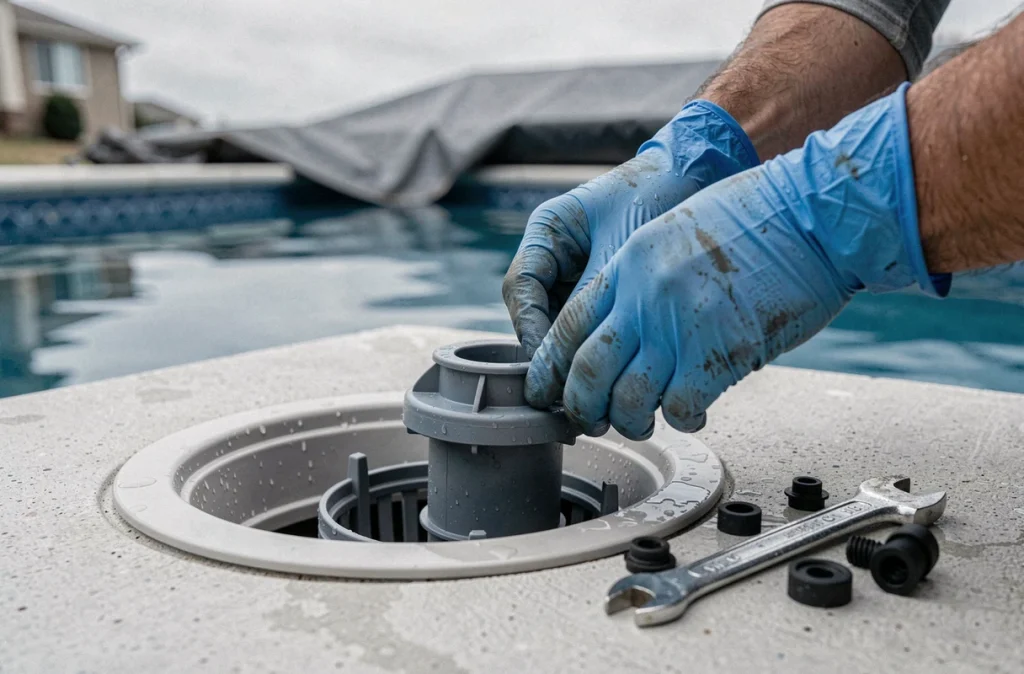 Gros plan sur la mise en place d'un bouchon d'hivernage dans le skimmer d'une piscine, détail technique de l'hivernage