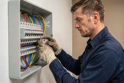 Électricien professionnel branchant un bouton poussoir Legrand dans un tableau électrique résidentiel ouvert