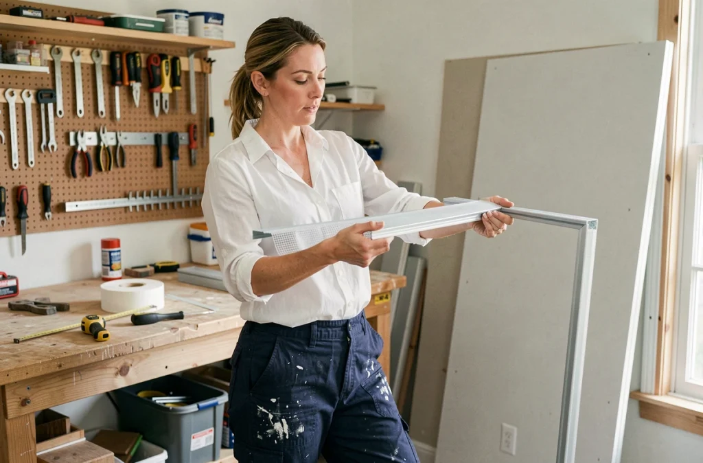 Femme bricoleure inspectant une bande armée en fibre de verre pour angle sortant dans un atelier de bricolage à domicile