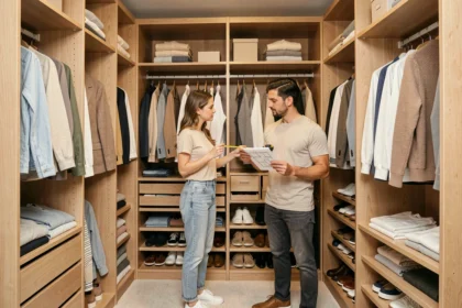 Couple mesurant l'espace d'un dressing deux personnes en bois clair avec étagères et penderies organisées