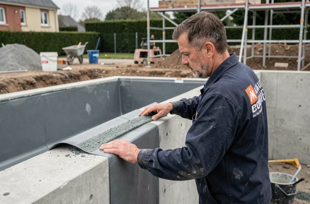 Technicien de Catis appliquant une membrane d'étanchéité dans une piscine en béton en construction