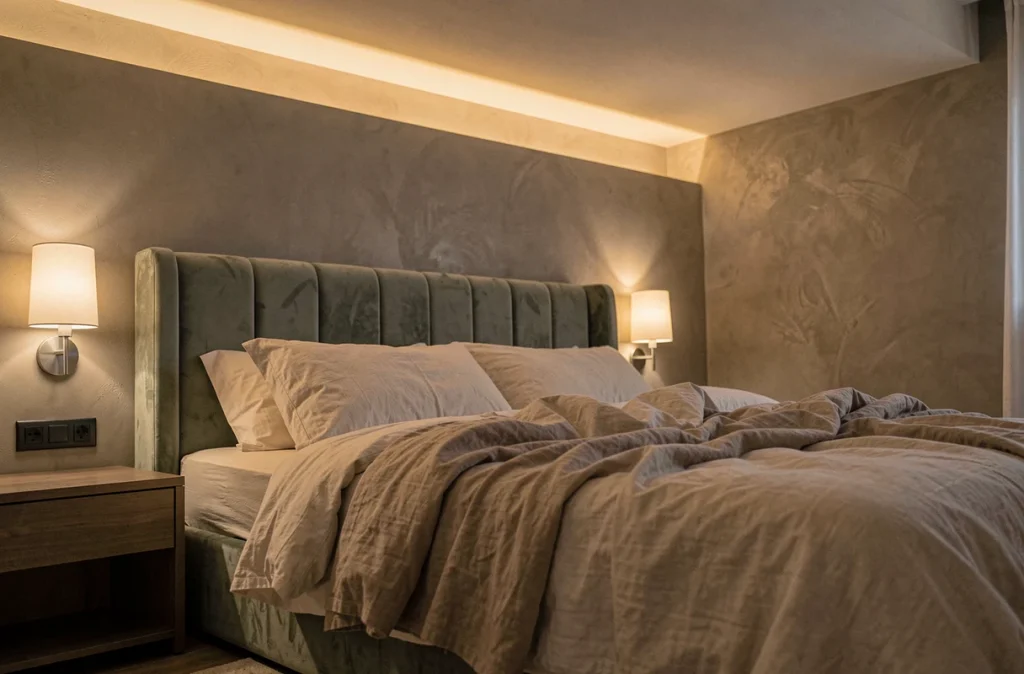 Chambre moderne au crépuscule avec éclairage indirect encastré au plafond et appliques murales en verre dépoli