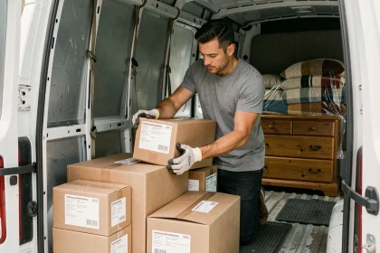 Homme organisant des cartons dans un utilitaire de déménagement avec sangles de sécurité