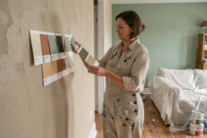 Femme comparant des échantillons de peinture dans un salon en cours de rénovation avec des tons beige et vert sauge