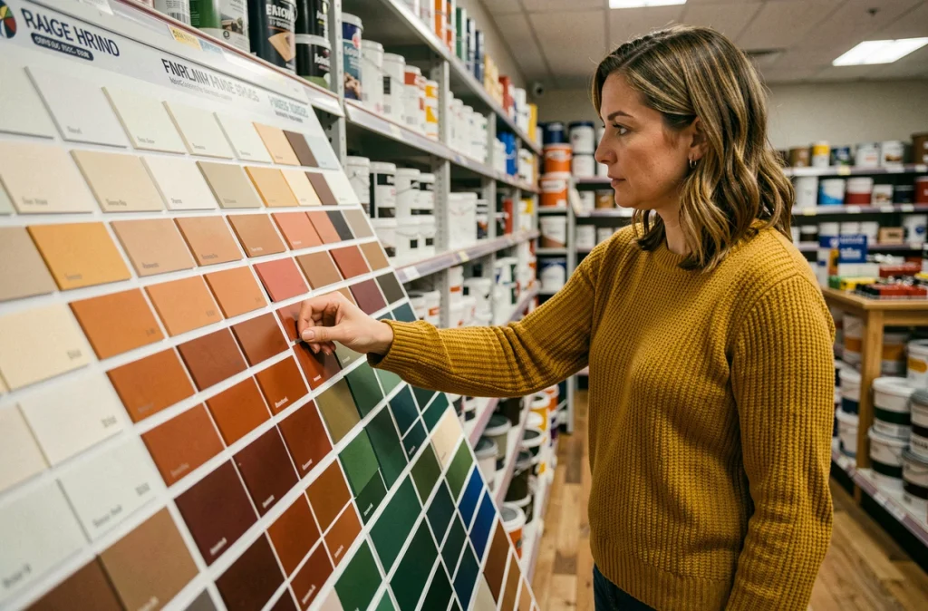 Femme choisissant des échantillons de couleurs de peinture dans un magasin de bricolage, gamme allant du blanc au terracotta