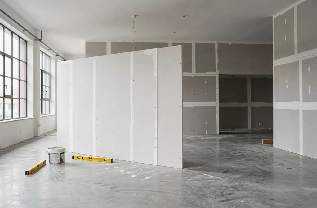 Nouvelle cloison Placo en plaques de plâtre brutes divisant un grand espace intérieur en cours de rénovation avec matériaux de chantier au sol
