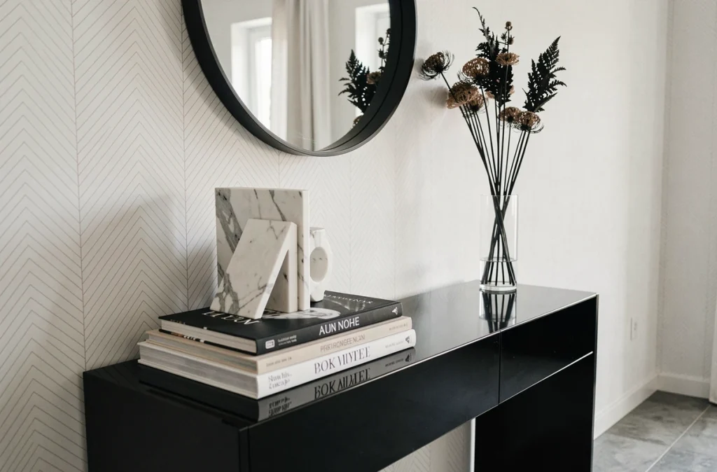 Détail décoratif d'un coin salon chic en noir et blanc avec console laquée noire, miroir rond, livres d'art et vase en verre sur sol béton gris