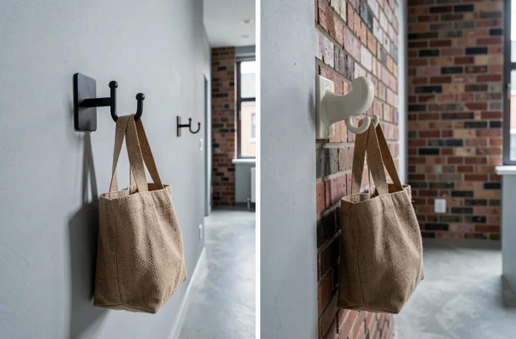 Comparaison patère murale design moderne en acier noir et patère vintage céramique art déco dans un couloir urbain