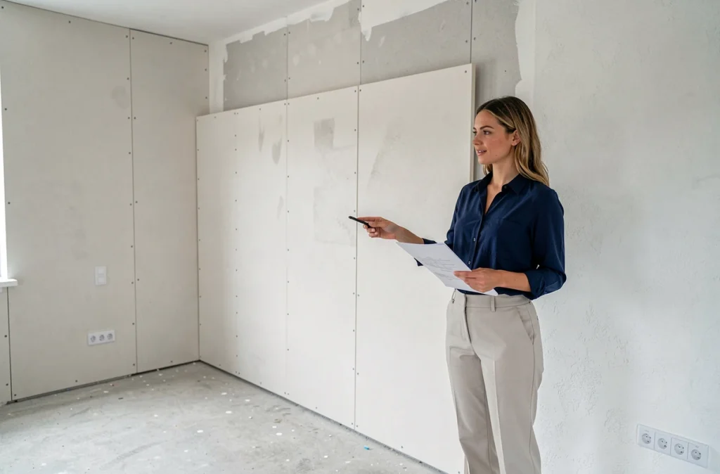 Conseillère en rénovation présentant un mur en placo isolant dans un appartement en cours de travaux