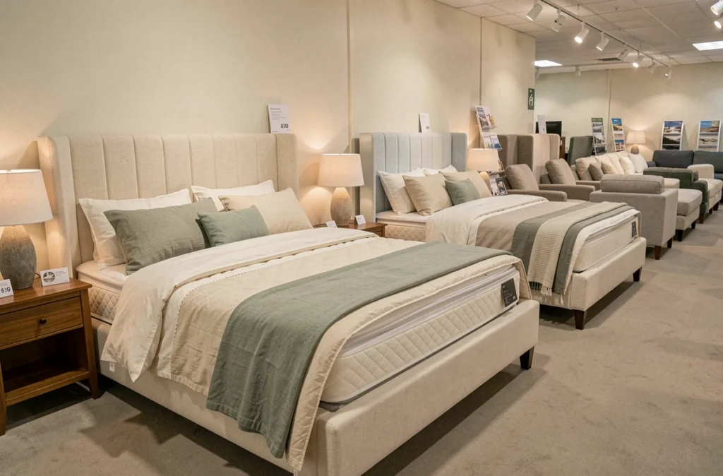 Boutique Côté Meubles et Literie avec présentation de chambres et canapés coordonnés