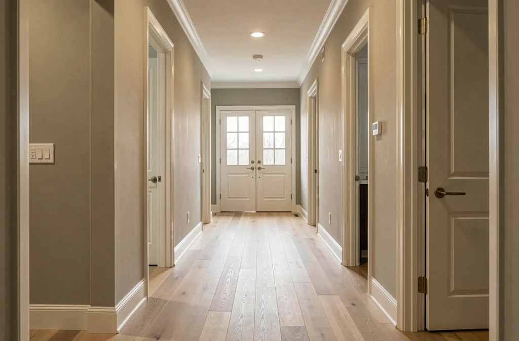 Couloir intérieur d'une maison neuve 4 chambres montrant la disposition optimisée menant à la suite parentale