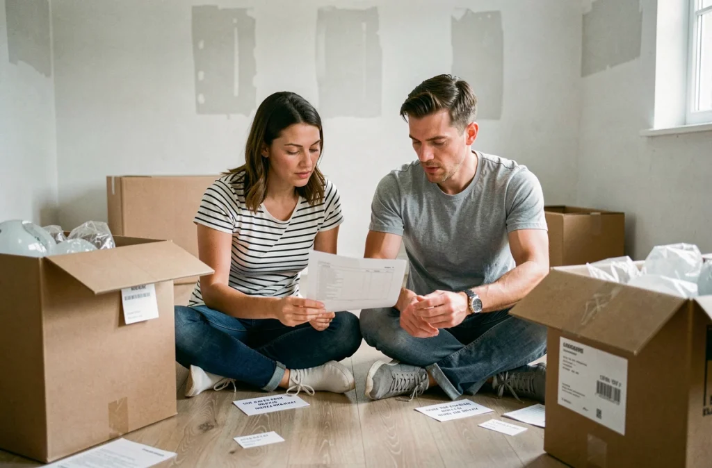 Couple révisant ensemble une liste d'inventaire imprimée dans une chambre vide lors d'une préparation de déménagement
