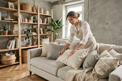 Femme arrangeant des coussins décoratifs dans un salon scandinave chaleureux avec étagères en bois et parquet en chêne