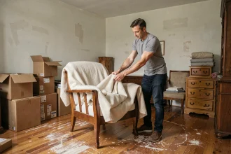Homme emballant un fauteuil en bois avec des couvertures de déménagement dans un salon encombré de cartons avant un changement de logement