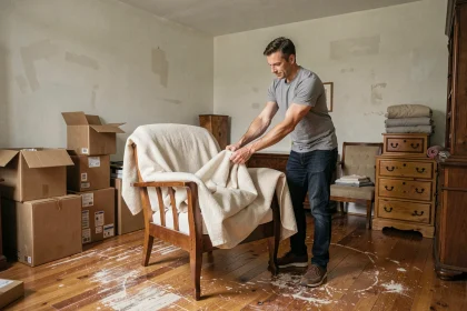 Homme emballant un fauteuil en bois avec des couvertures de déménagement dans un salon encombré de cartons avant un changement de logement