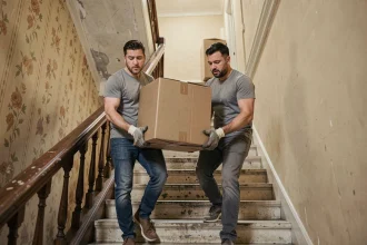 Deux déménageurs portant un carton dans un escalier étroit d'un immeuble parisien sans ascenseur