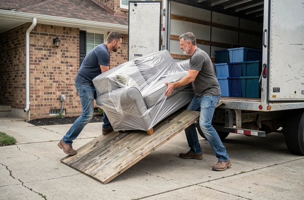 Deux déménageurs portant un canapé emballé sur la rampe d'un camion utilitaire