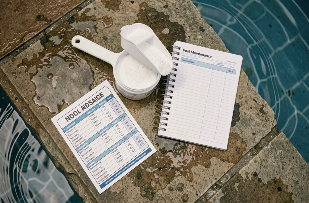 Vue de dessus des produits de traitement au chlore et du guide de dosage pour piscine familiale