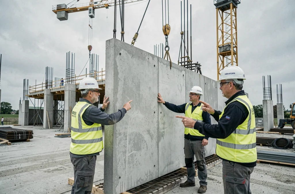 Équipe EBPL coordonnant l'installation de panneaux en béton préfabriqués sur un grand chantier de bâtiment en Indre-et-Loire