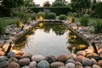 Éclairage LED installé autour d'un bassin de jardin au crépuscule avec reflets sur l'eau