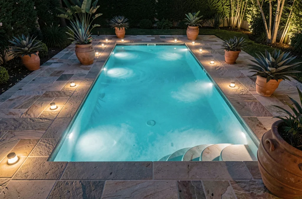 Piscine extérieure avec éclairage subaquatique LED et spots de terrasse la nuit