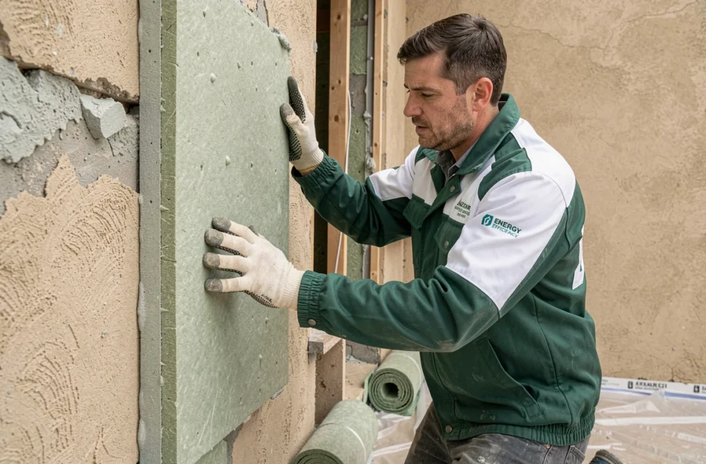 Technicien d'Eco Travaux 9 et Réno installant des panneaux d'isolation thermique sur une maison en Tarn-et-Garonne