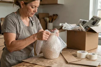 Femme emballant soigneusement un vase en céramique avec du papier à bulles lors d'un déménagement