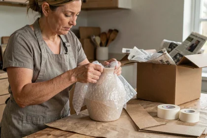 Femme emballant soigneusement un vase en céramique avec du papier à bulles lors d'un déménagement