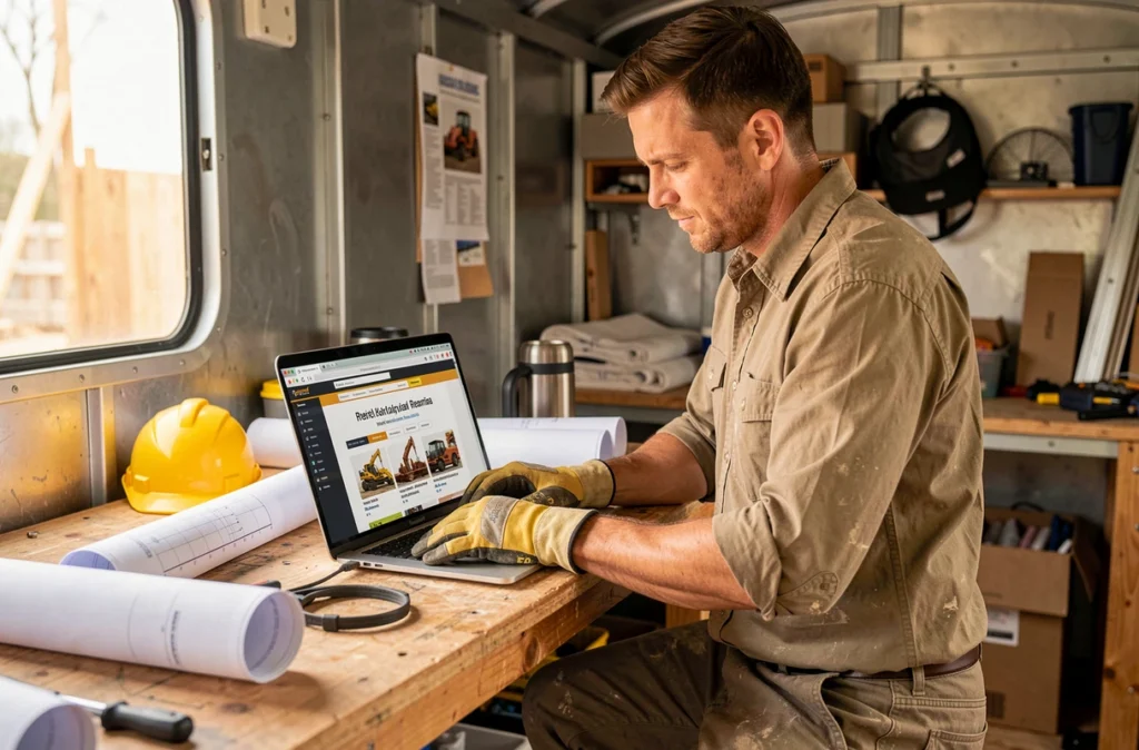 Entrepreneur consultant un site de location de matériel de chantier sur son ordinateur dans un bureau de chantier