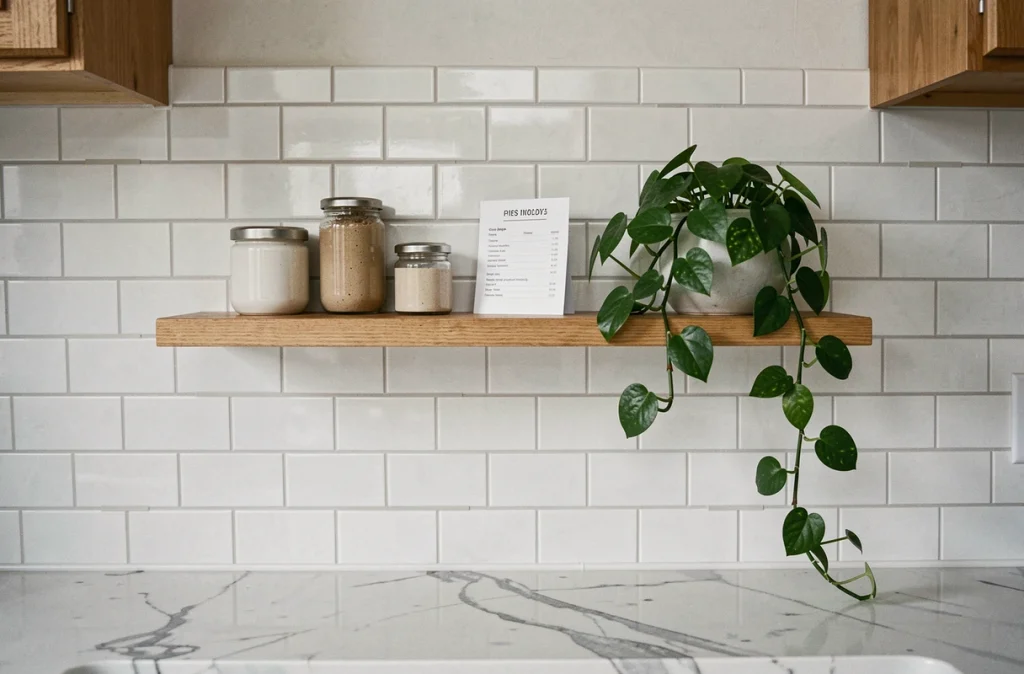 Étagère flottante fixée sans perçage sur carrelage de cuisine avec des accessoires décoratifs