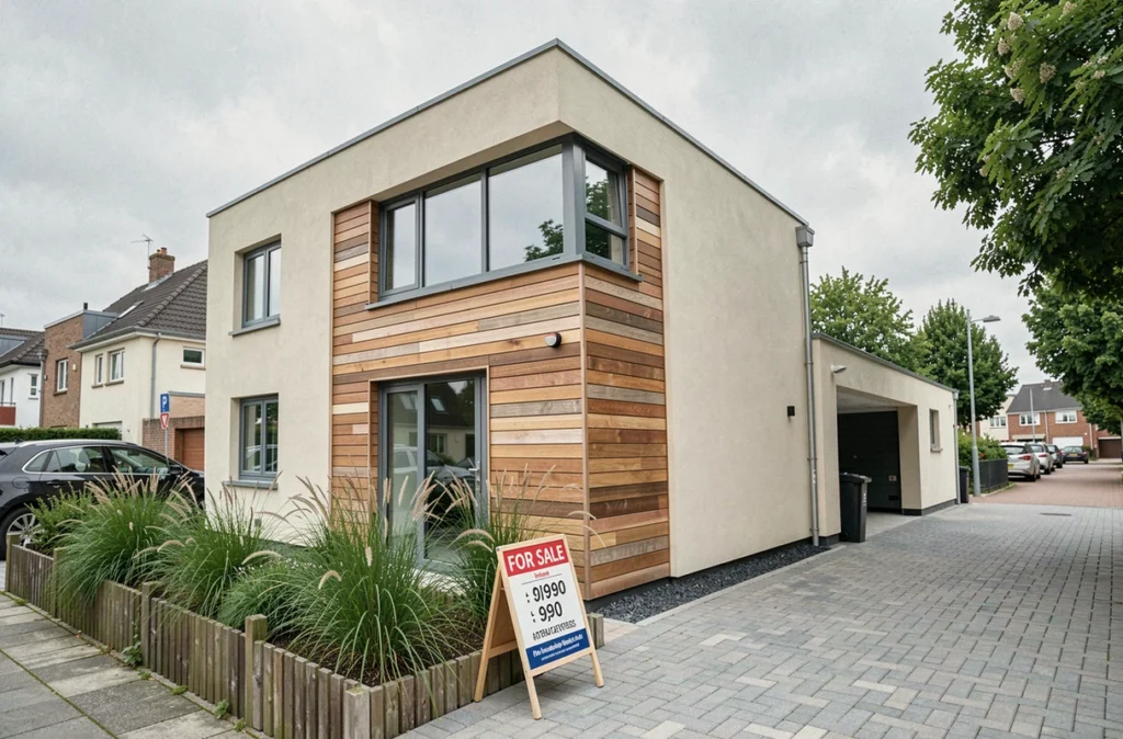 Façade de maison individuelle neuve moderne avec bardage bois et enduit, exemple de construction personnalisée