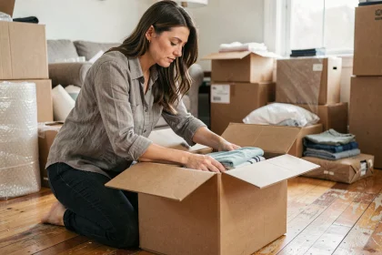 Femme emballant des vêtements dans un carton de déménagement adapté sur un parquet en bois