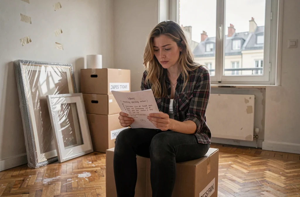 Femme consultant une liste de déménagement entourée de cartons dans un appartement en cours de vidage